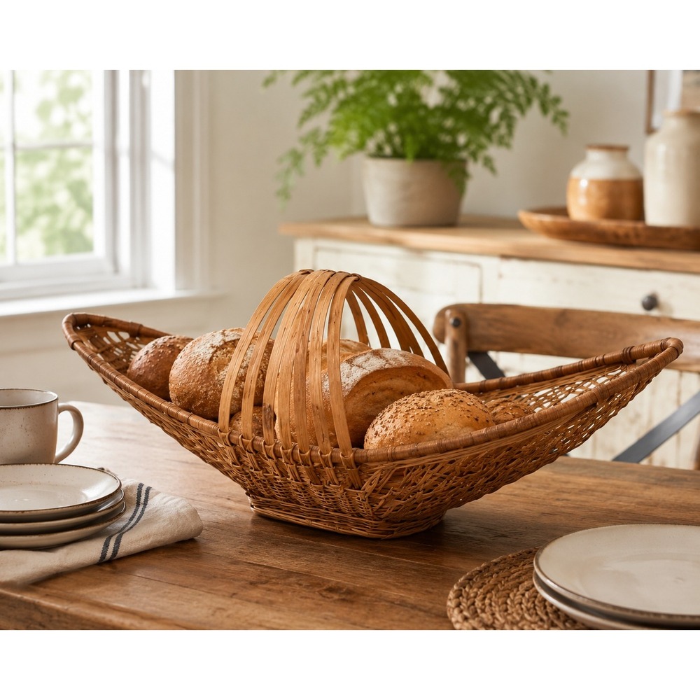 Vintage Boat Shaped Wicker Basket 20" Rattan Bread Fruit Bowl Coastal Boho MCM
